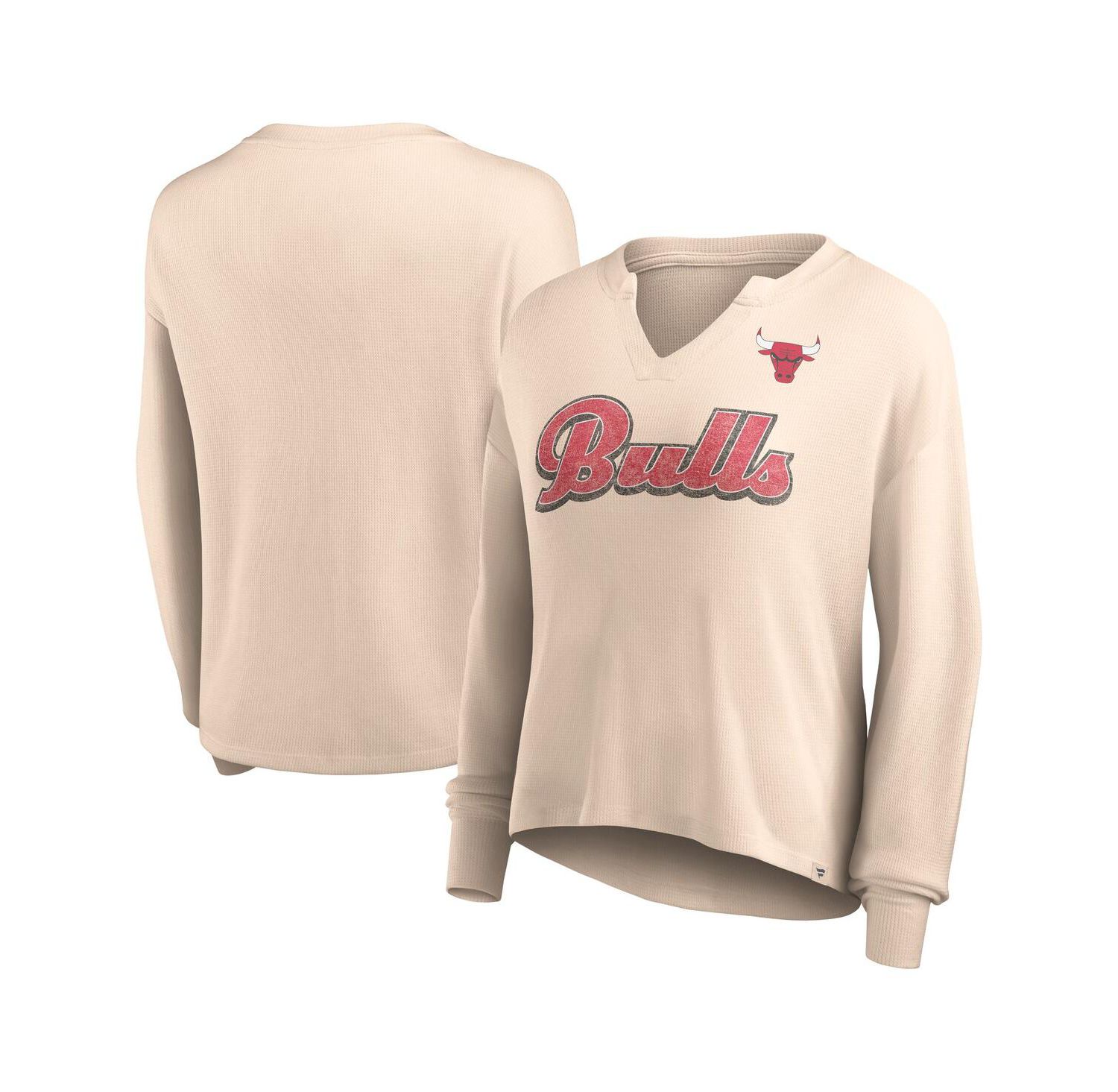 Women's Tan Distressed Chicago Bulls Go For It Long Sleeve Notch Neck T-shirt