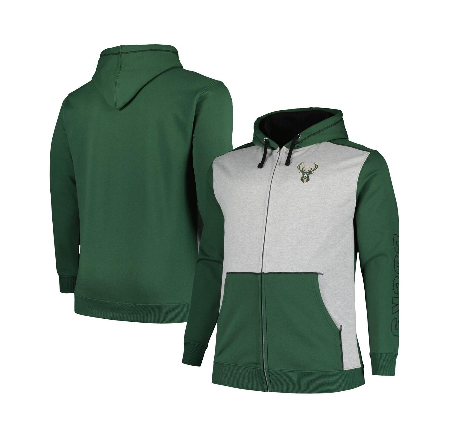 Men's Hunter Green, Heather Gray Milwaukee Bucks Big and Tall Contrast Pieced Stitched Full-Zip Hoodie