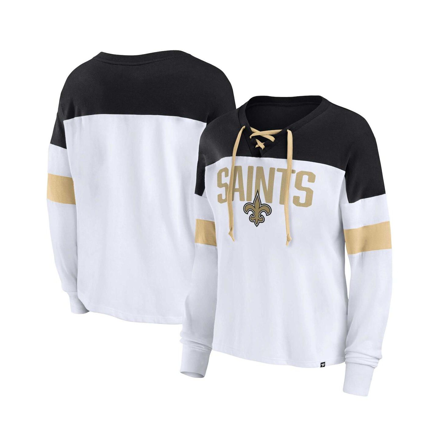 Женский топ Fanatics White, Black New Orleans Saints Plus Size Even Match Lace-Up Long Sleeve V-Neck — фото 1