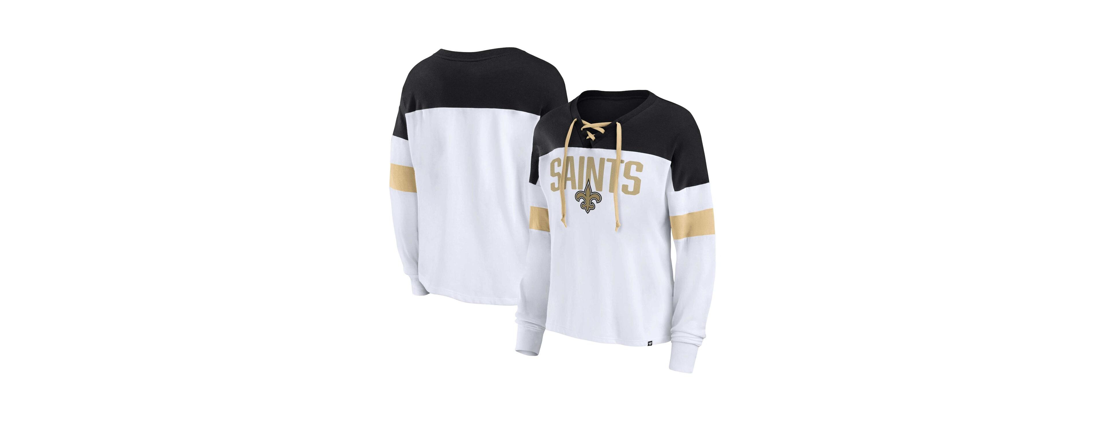 Women's Fanatics White, Black New Orleans Saints Plus Size Even Match Lace-Up Long Sleeve V-Neck Top