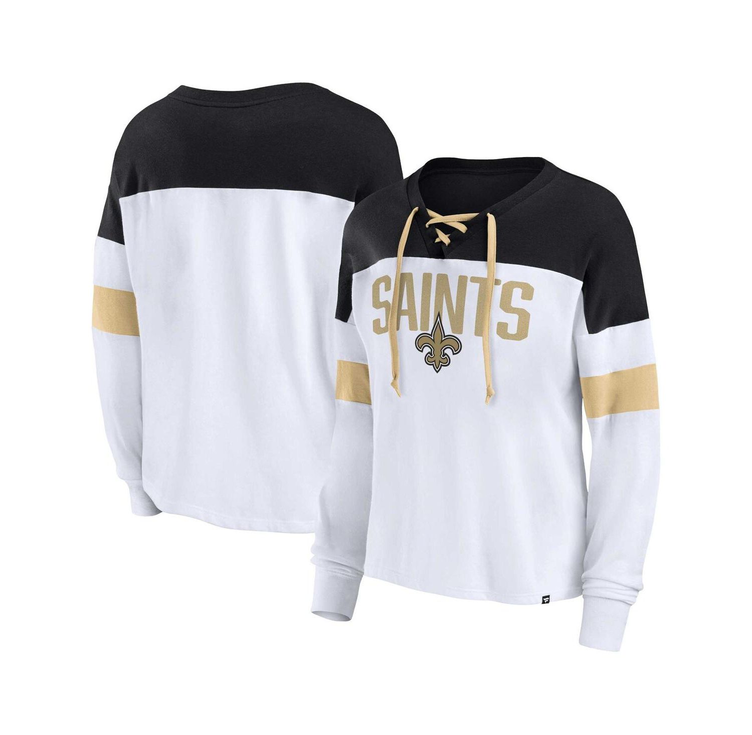 Women's White, Black New Orleans Saints Plus Size Even Match Lace-Up Long Sleeve V-Neck Top