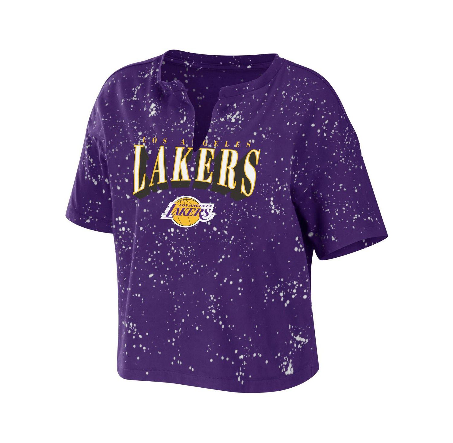 Women's Purple Los Angeles Lakers Bleach Splatter Notch Neck T-shirt