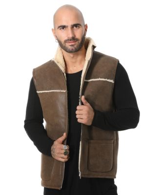 Men's Sheepskin Waistcoat, Vinatge Camel with Beige Curly Wool