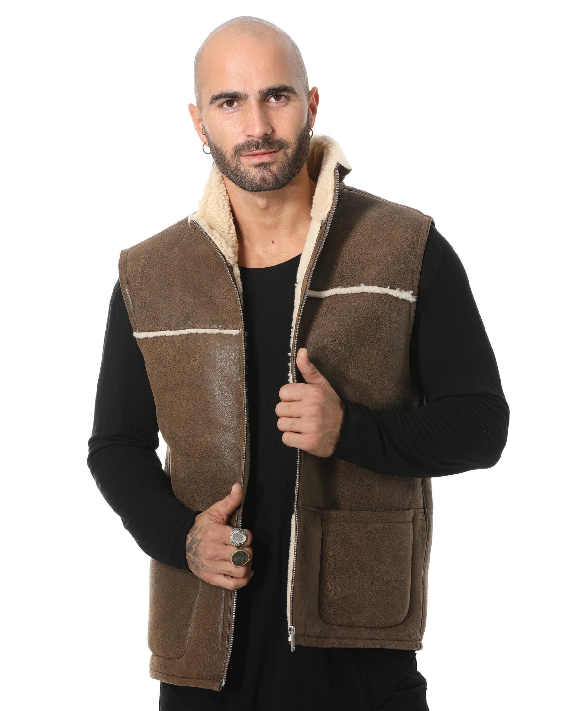 Furniq Uk Men's Sheepskin Waistcoat, Vintage Likewith Beige Curly Wool - Camel