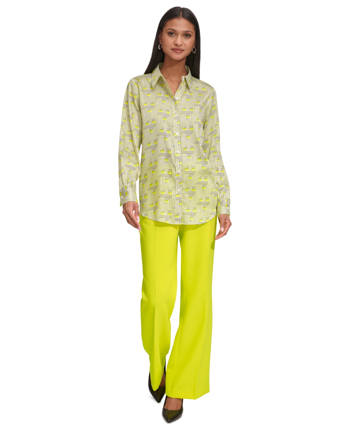Shop Karl Lagerfeld Women's Printed Roll-cuff Button-front Shirt In Chartreuse Multi