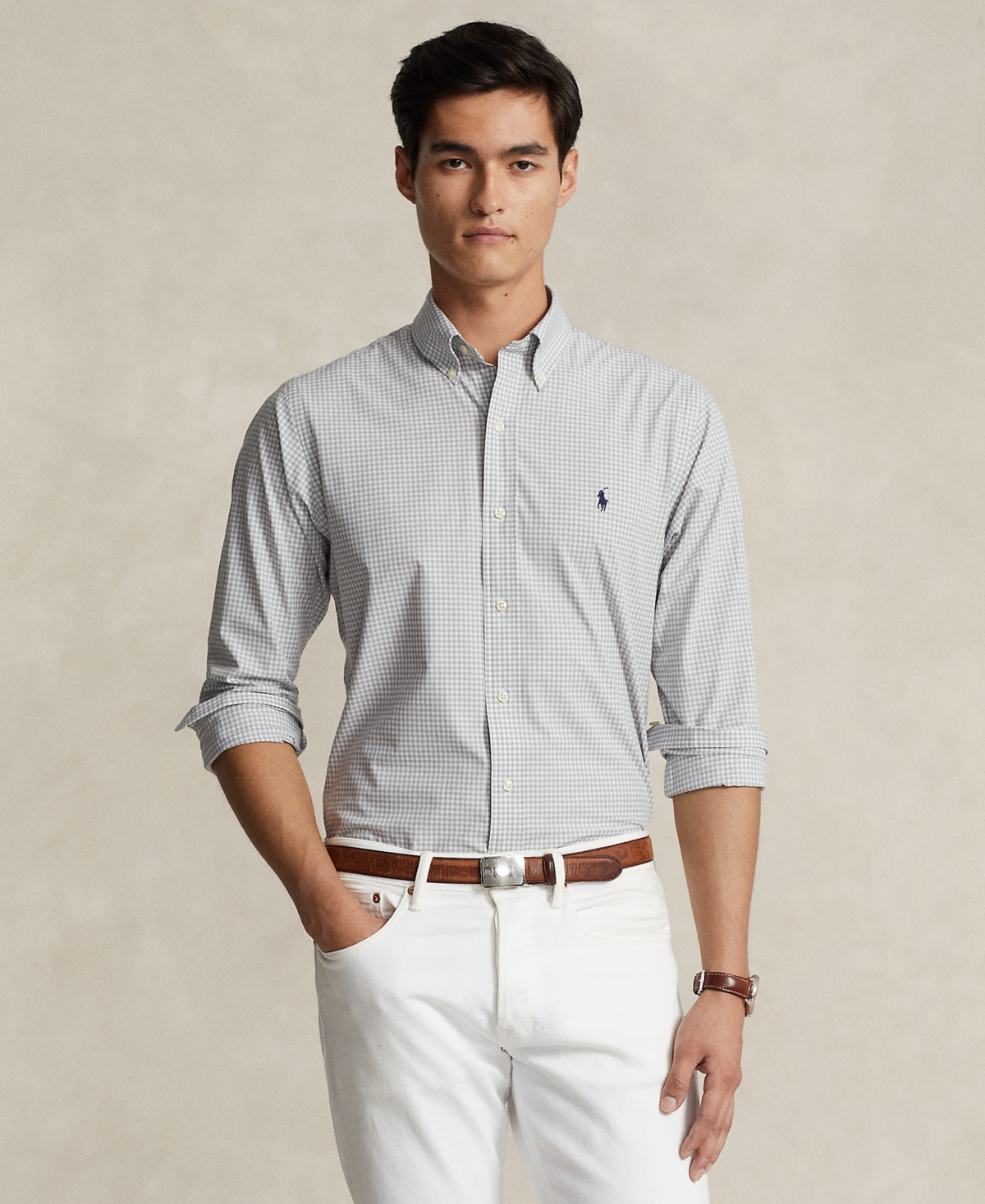 Polo Ralph Lauren Cotton Stretch Poplin Gingham Check Classic Fit Button Down Shirt In Grey,white