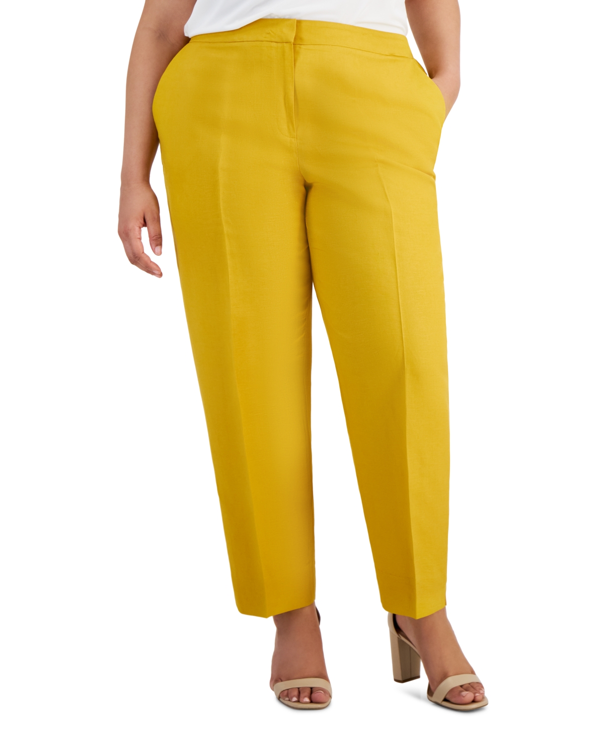 Shop Kasper Plus Size Mid Rise Linen-blend Straight-leg Fly-front Pants In Butterscotcch