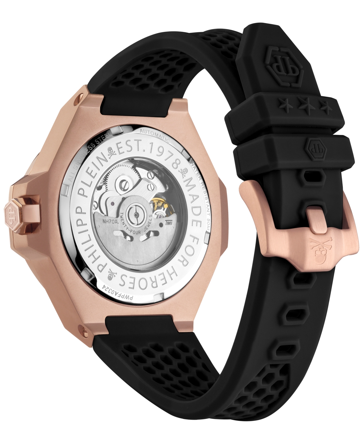 Shop Philipp Plein Men's Automatic Skeleton Royal Black Silicone Strap Watch 46mm In Rosegold