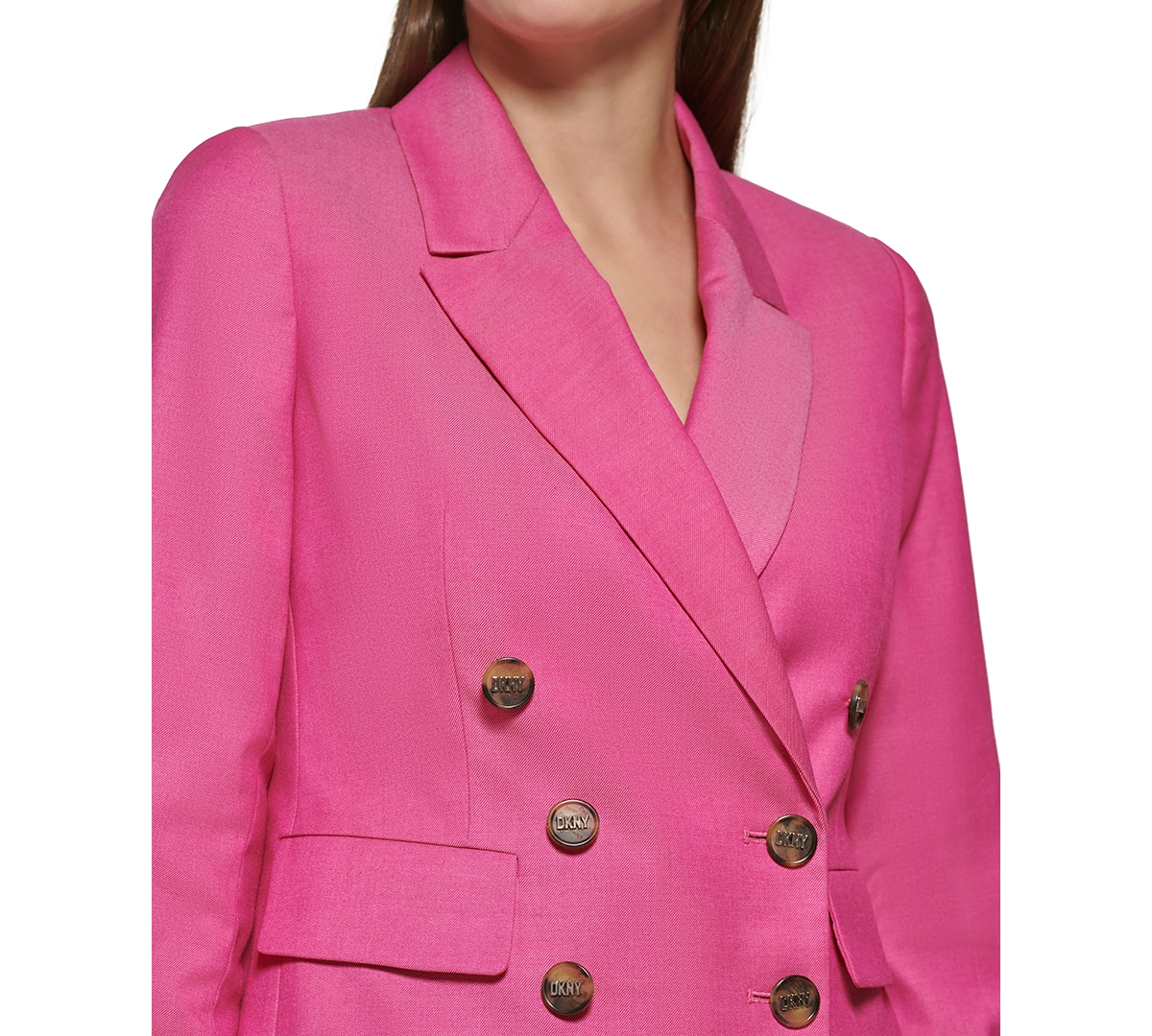 Shop Dkny Petite Double-breasted Striped-cuff Blazer In Hibiscus