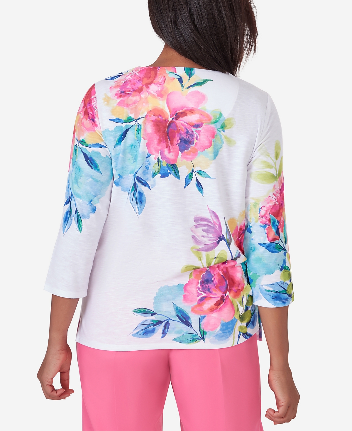 Alfred Dunner Petite Paradise Island Long Sleeve Flower Lace Top