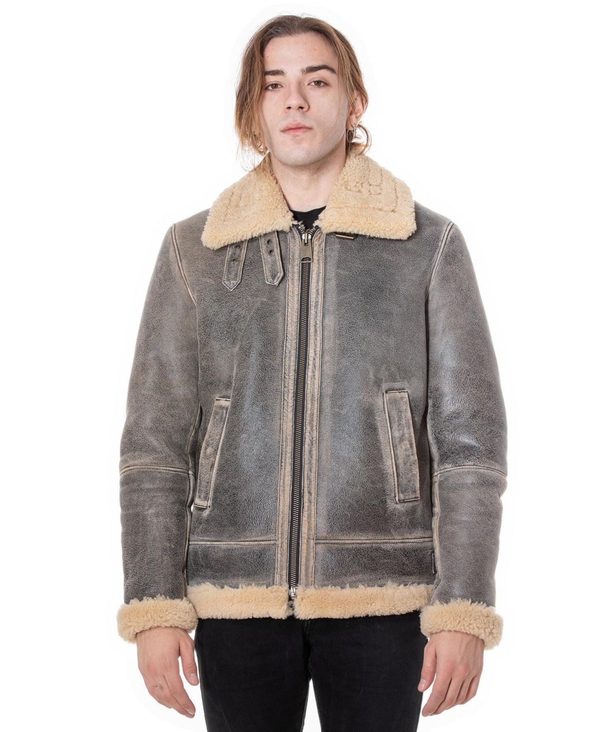 Men's Shearling Aviator Jacket, Distressed Grey with Beige Curly Wool - Grey