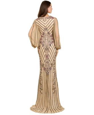 Women's Long Flutter Sleeves Beaded Dress