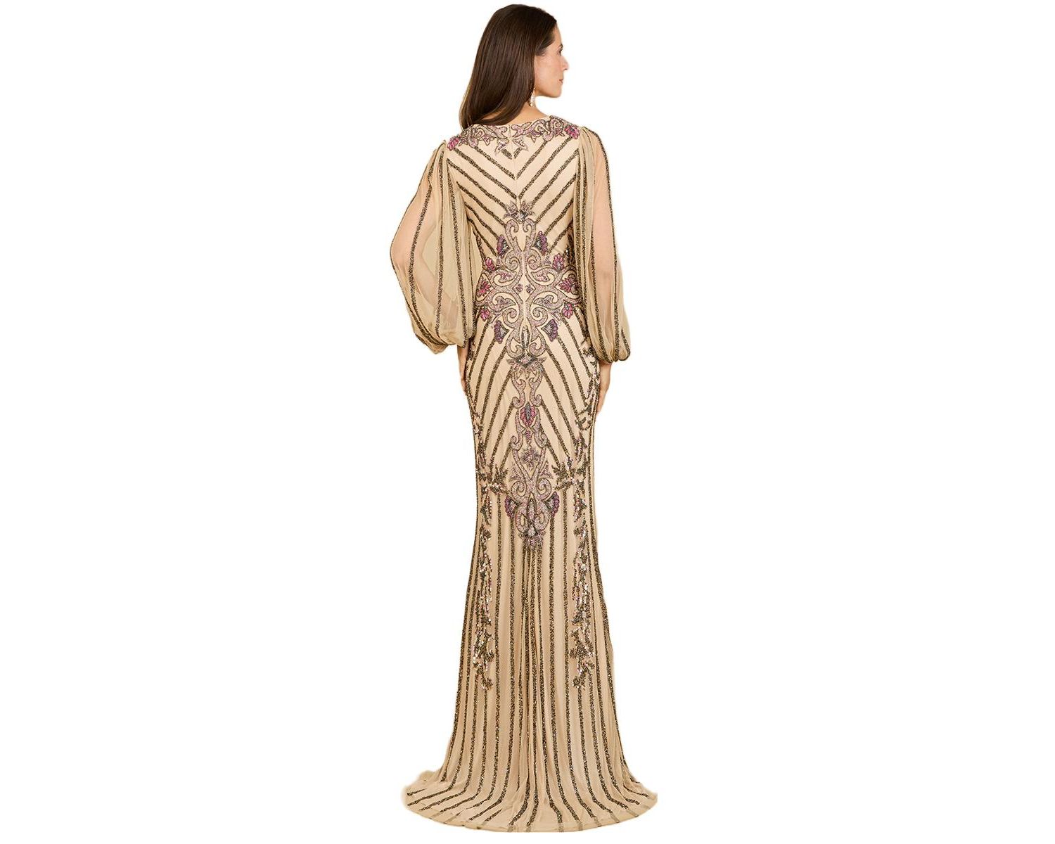 Women's Long Flutter Sleeves Beaded Dress