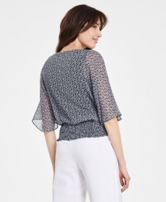 Women's Round-Neck 3/4-Sleeve Smocked-Waist Blouse