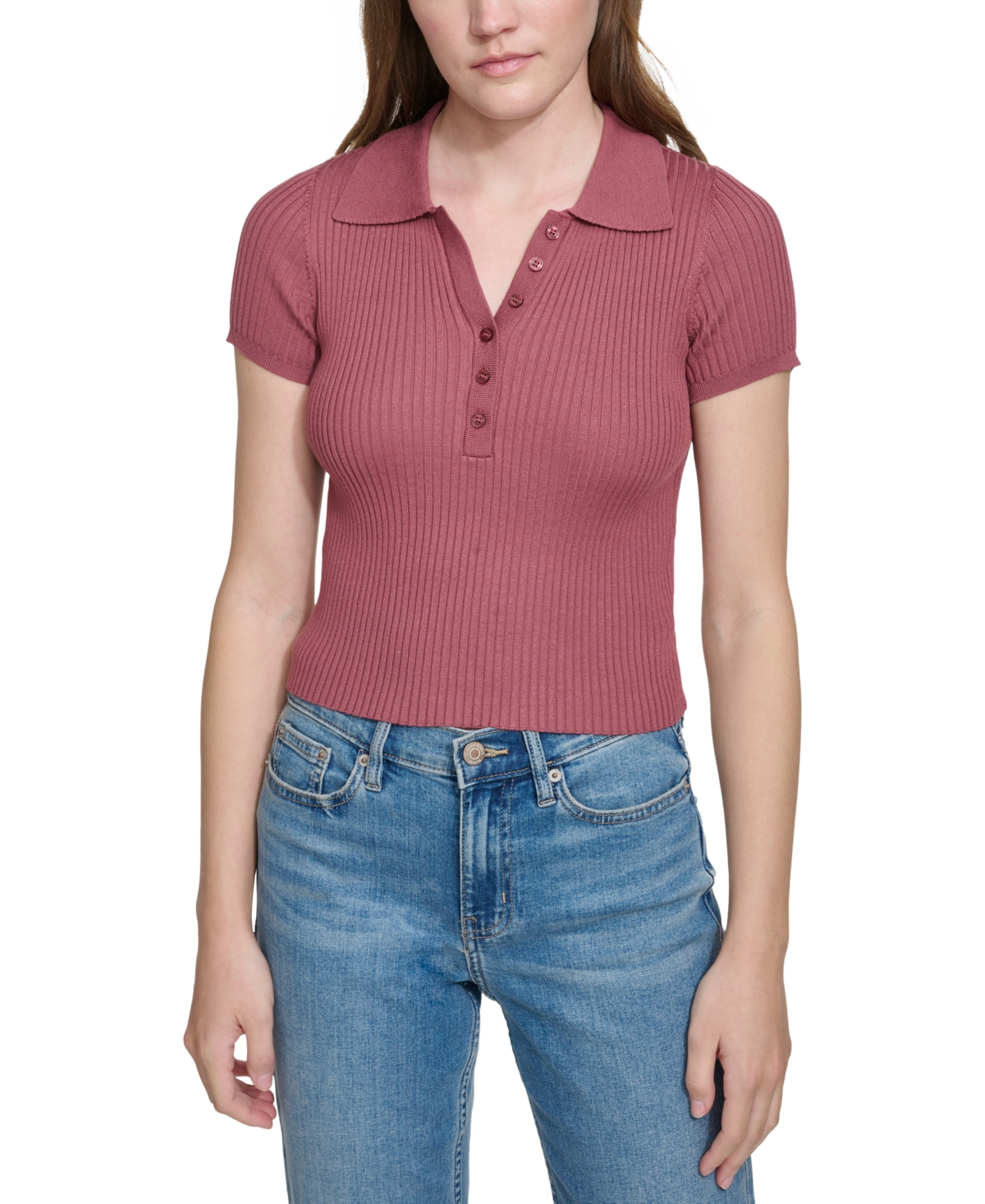 Calvin Klein Jeans Est.1978 Petite Short-sleeve Ribbed Polo Shirt In Sedona