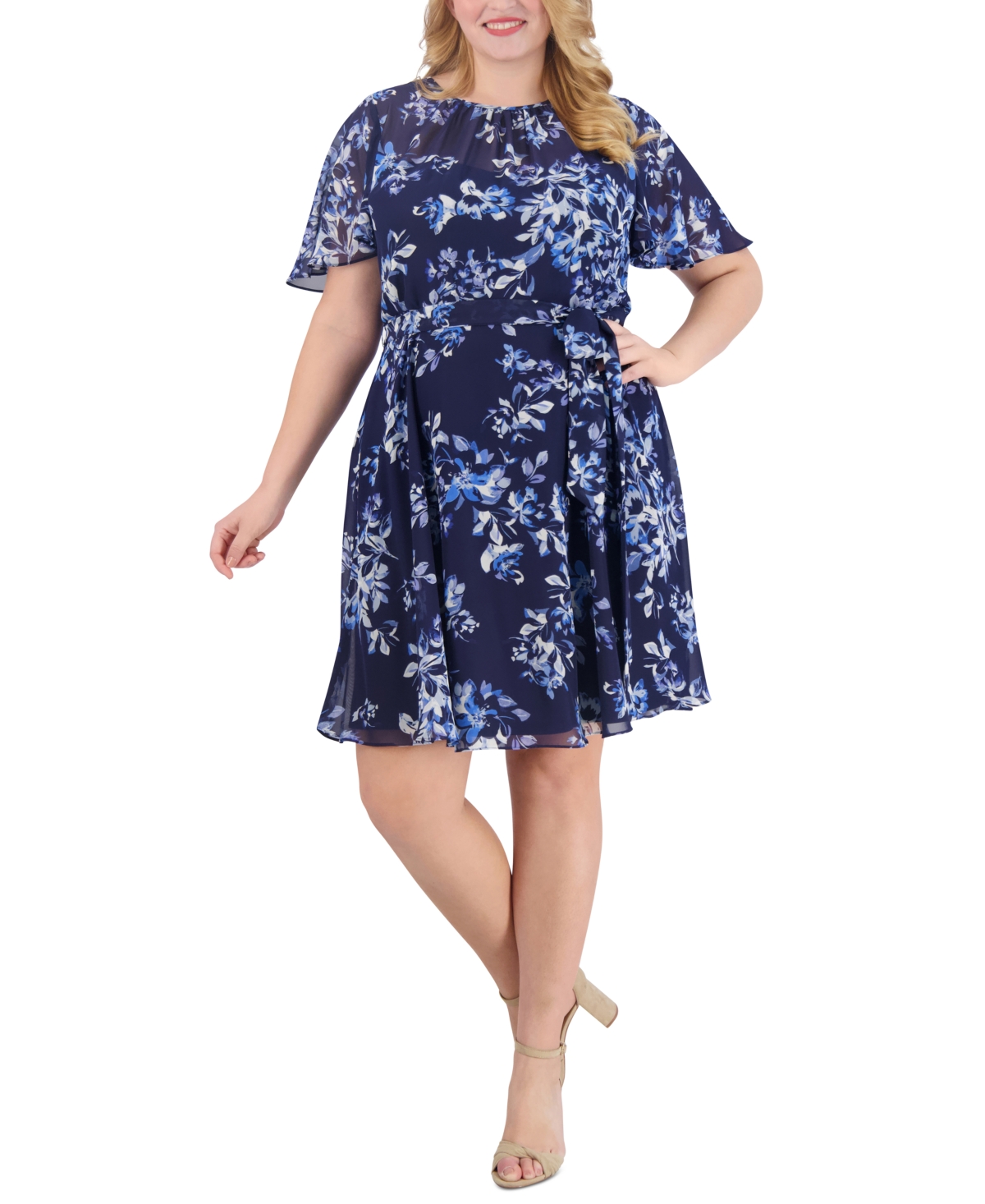 Jessica Howard Plus Size Printed Flutter-sleeve Chiffon Dress In Navy Blue