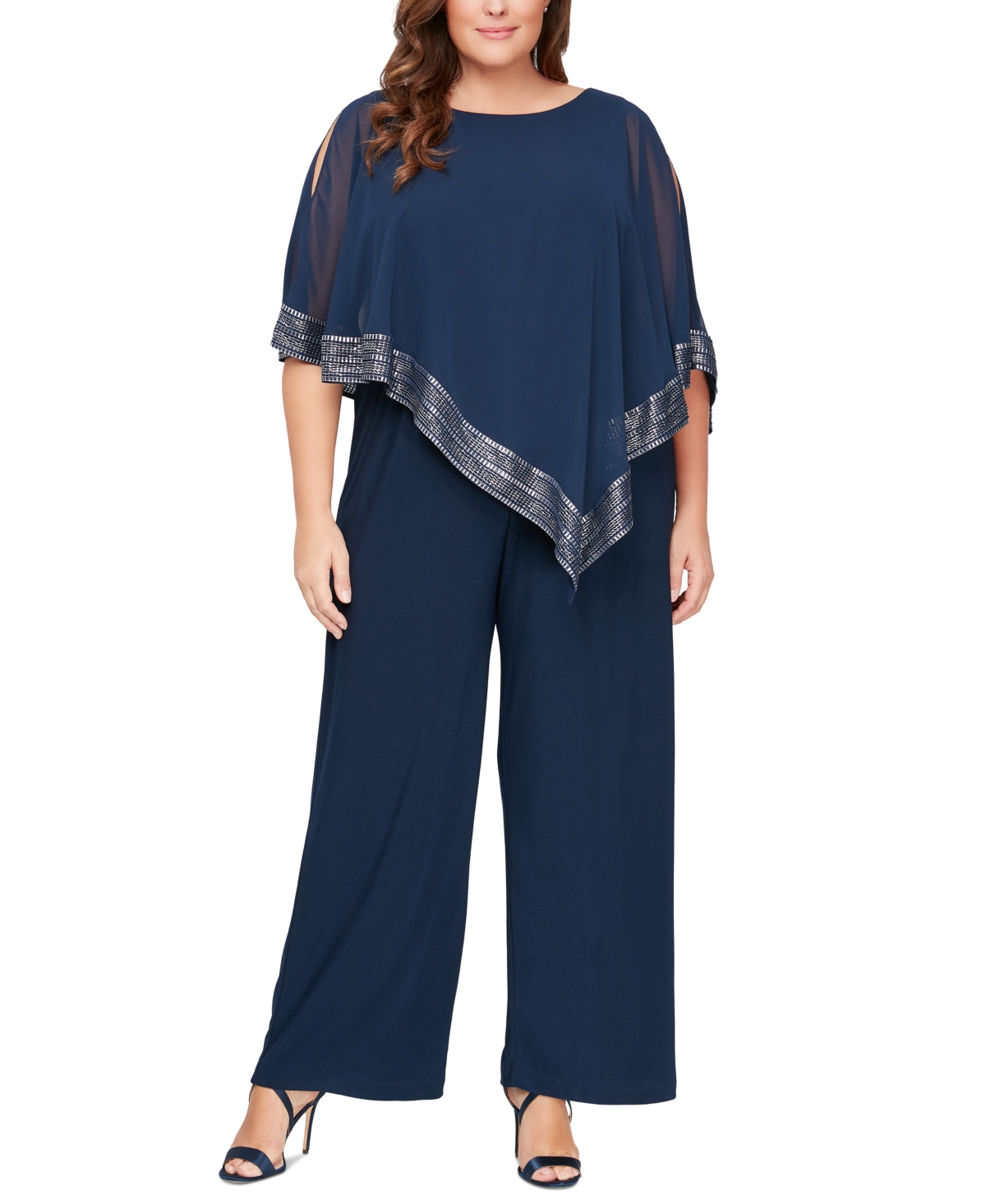 Plus Size Asymmetrical-Overlay Jumpsuit - Navy/Silver