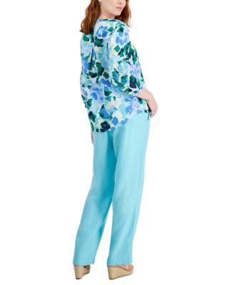 Shop Charter Club Womens Printed Square Neck Linen Top Matching Drawstring Waist Linen Pants Created For Macys In Light Pool Blue Combo