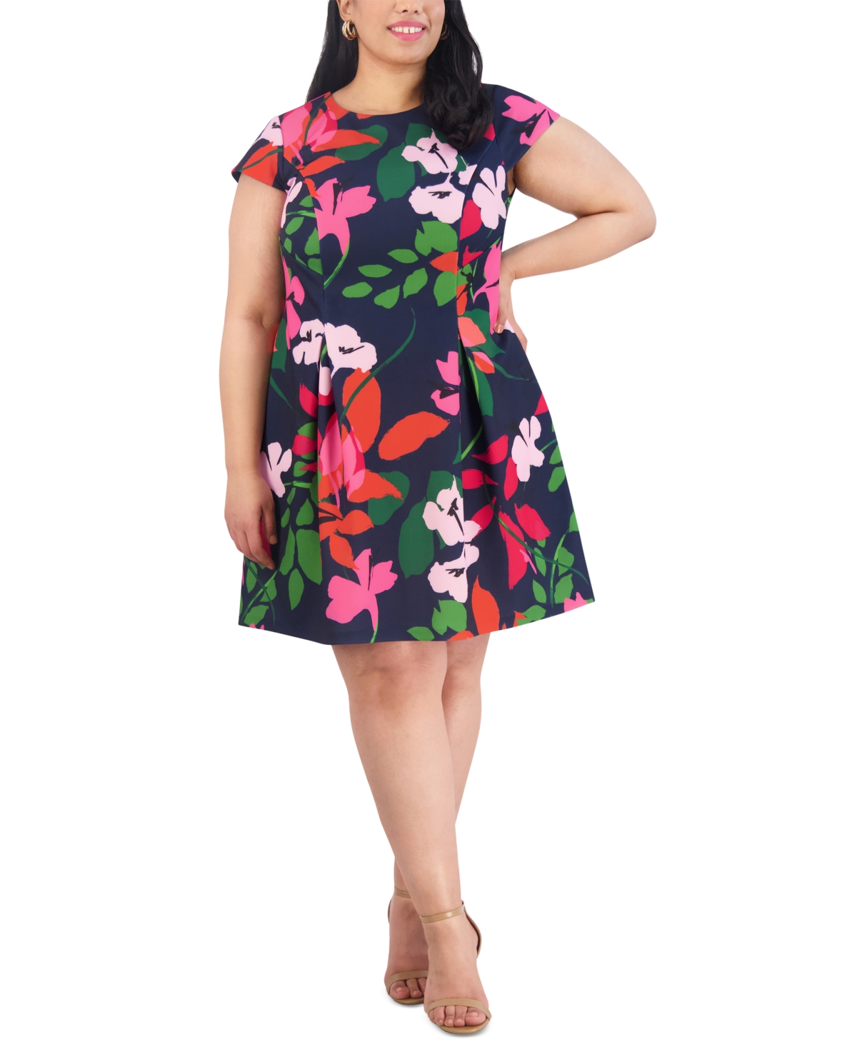 Jessica Howard Plus Size Floral-print Cap-sleeve Dress In Navy Multi
