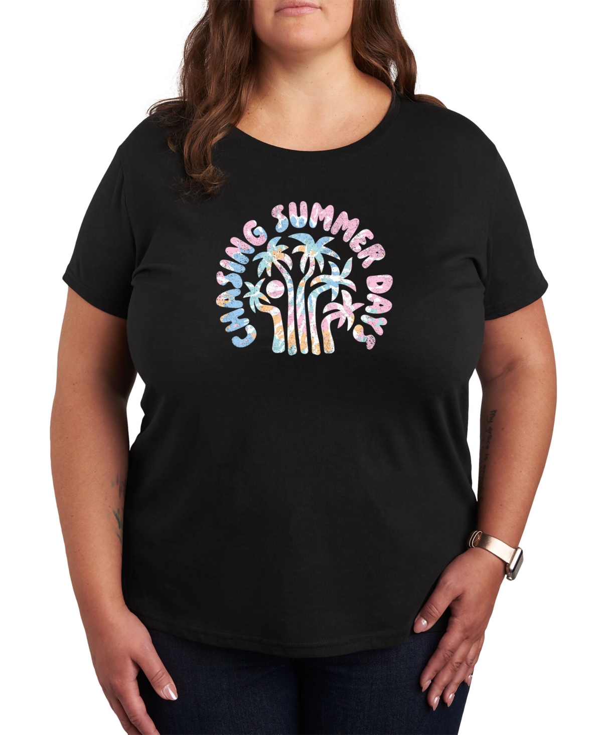 Air Waves Trendy Plus Size Chasing Summer Days Graphic Short Sleeve T-shirt In Black