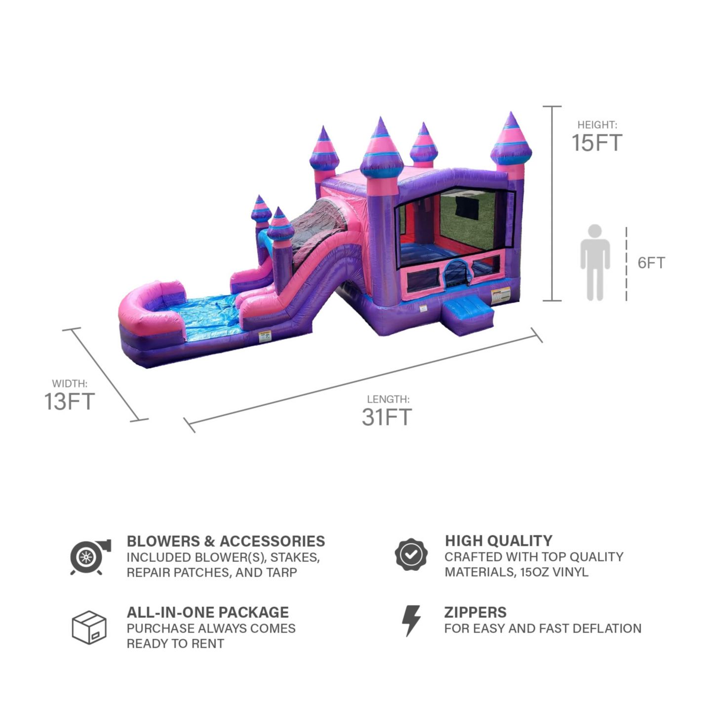 Детская игрушка Jumporange Purplish Castle Commercial Grade Inflatable Bounce House & Water Slide (with Blower), цвет: Синий — фото 2