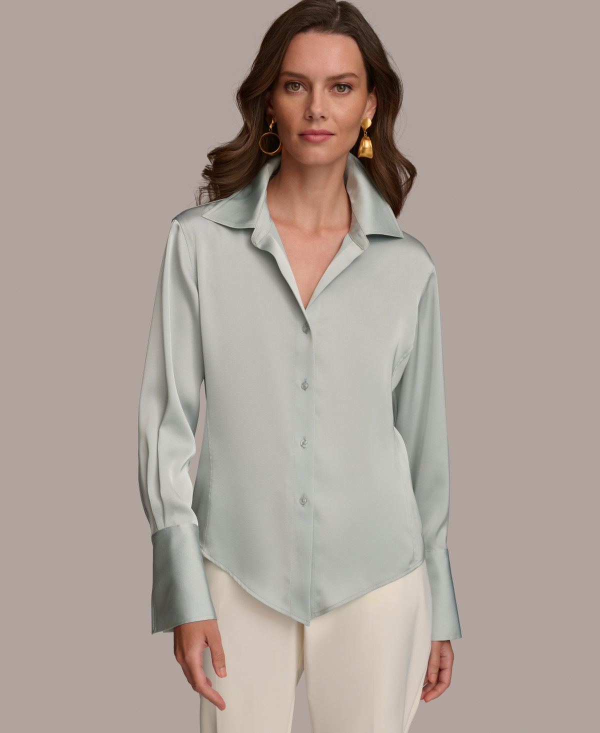 Shop Donna Karan Women's Long-sleeve Satin Button Down Blouse In Blue Frost