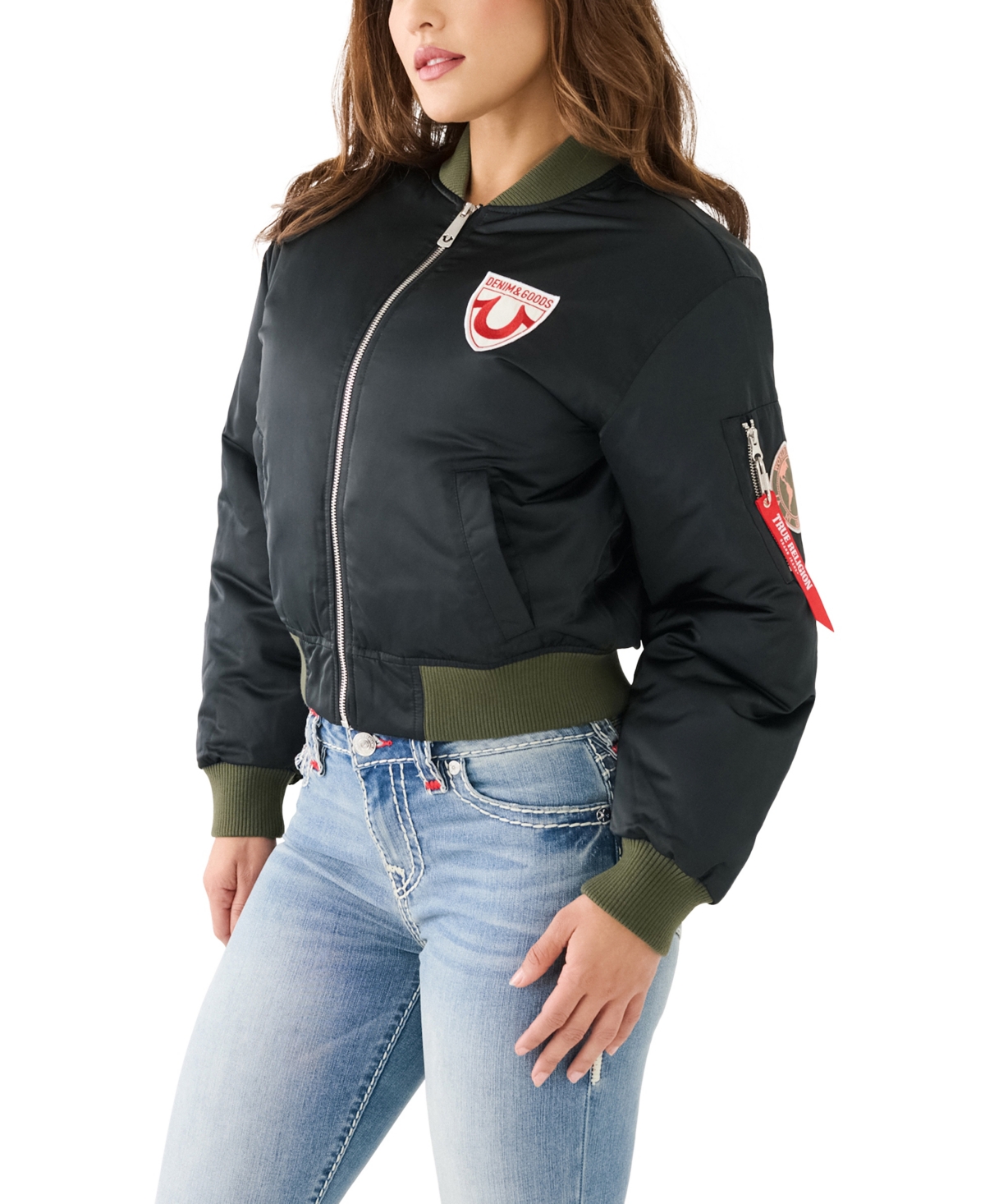 Shop True Religion Women's Patched Bomber Jacket In Jet Black