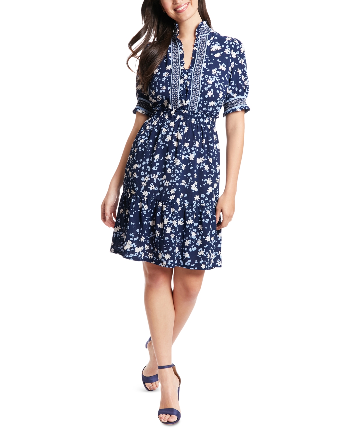Petite Floral-Print Puff-Sleeve Dress - Navy/blue