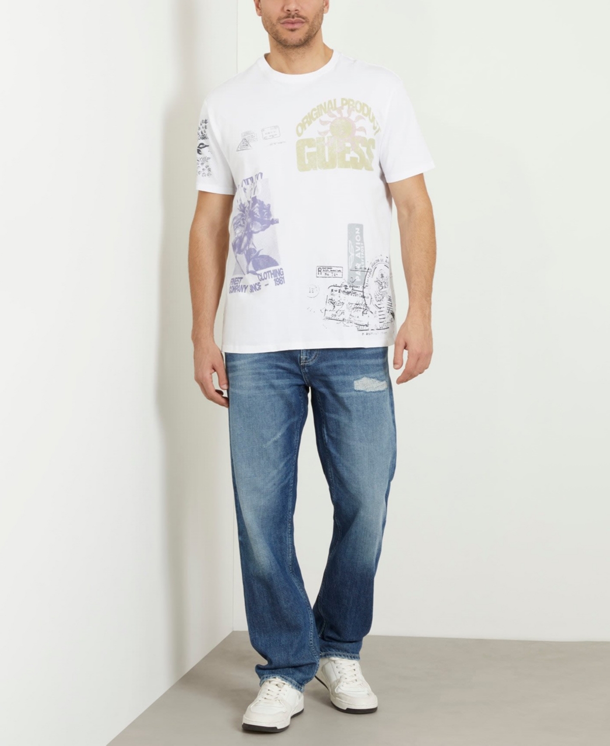 Shop Guess Men's Faded Stamp Graphic Crewneck T-shirt In Pure White Multi