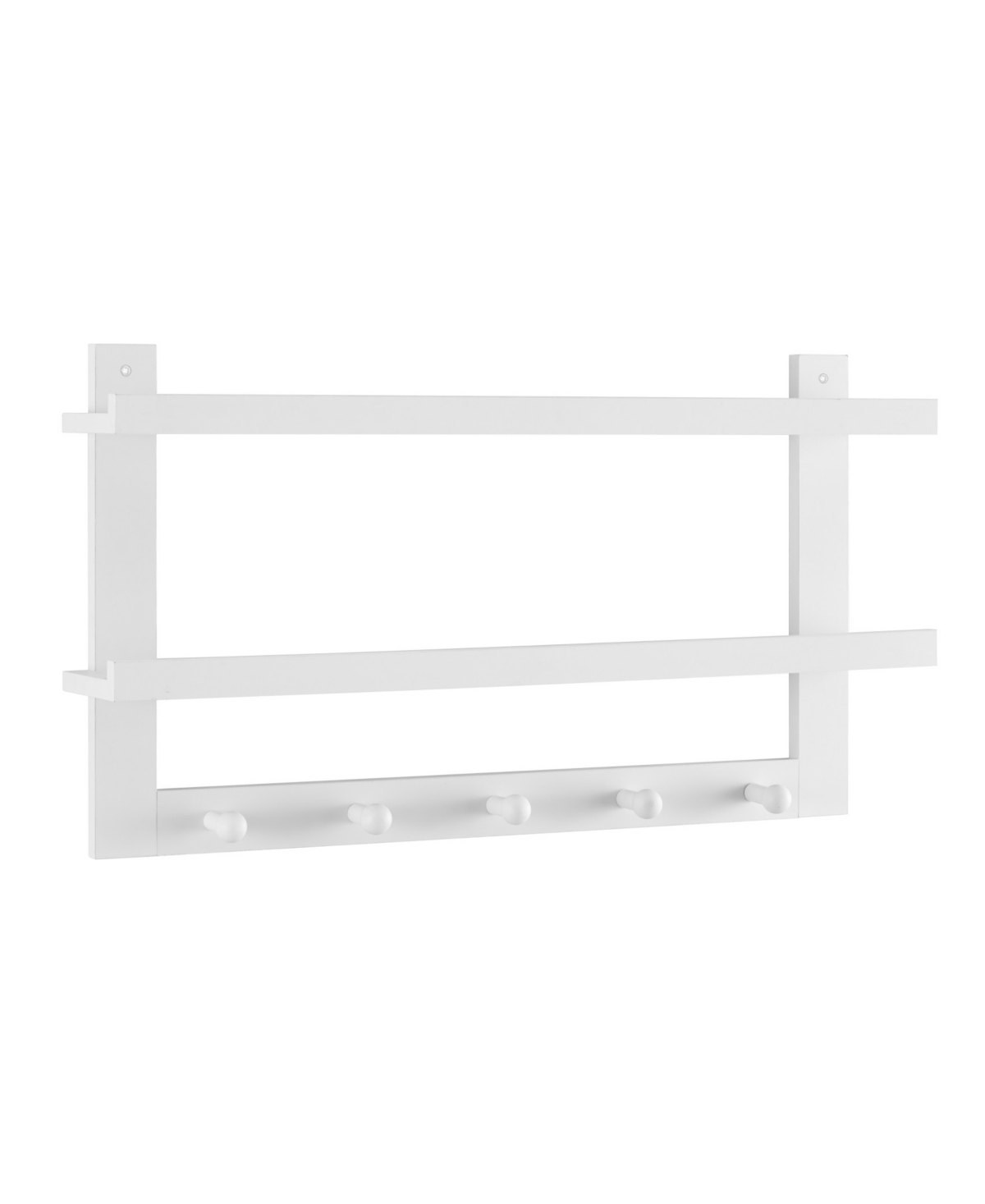 Two-Tier Ledge Shelf Wall organizer with Five Hanging Hooks - White
