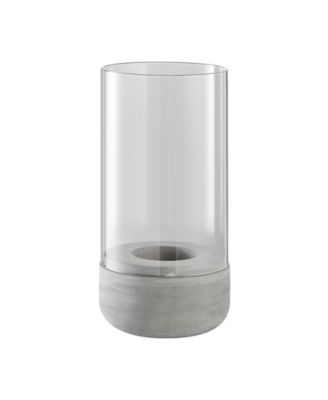 Modern Cool Gray Cement Base and Glass Pillar Hurricane Candle Holder, Large
