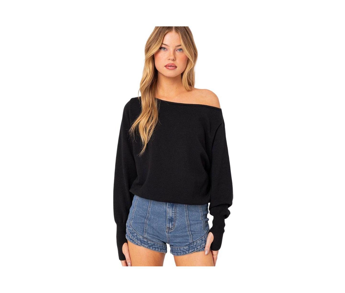 Женский свитер Edikted Off Shoulder Oversized Sweater, цвет: Чёрный — фото 1
