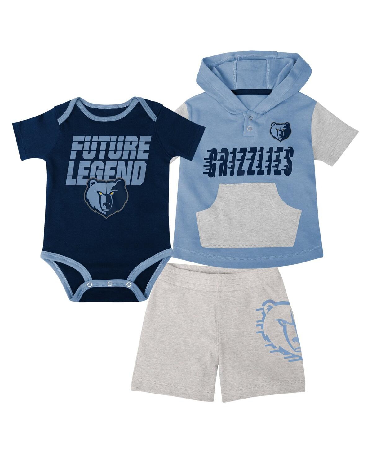Shop Outerstuff Baby Boys And Girls Navy, Light Blue, Gray Memphis Grizzlies Bank Shot Bodysuit, Hoodie T-shirt And  In Navy,light Blue