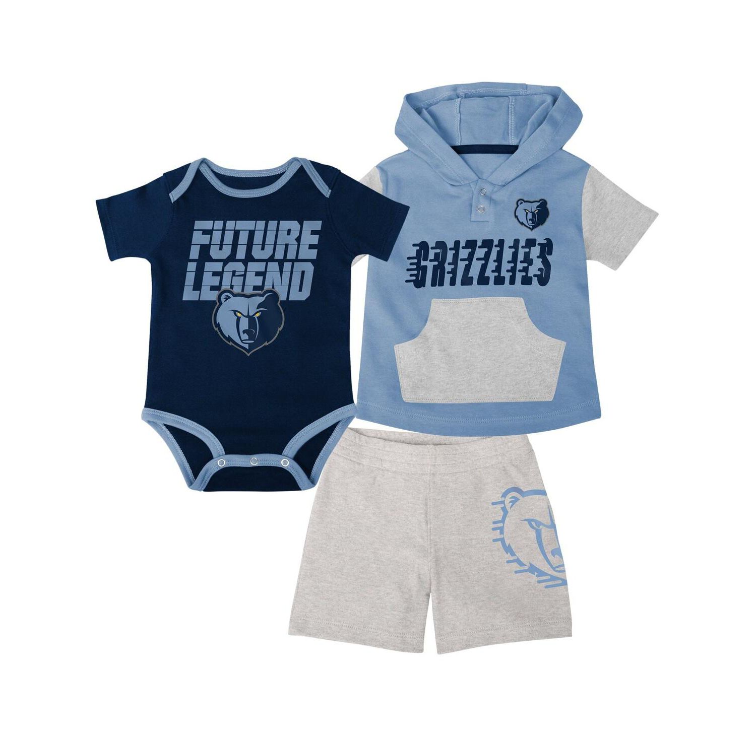 Baby Boys and Girls Navy, Light Blue, Gray Memphis Grizzlies Bank Shot Bodysuit, Hoodie T-shirt and Shorts Set