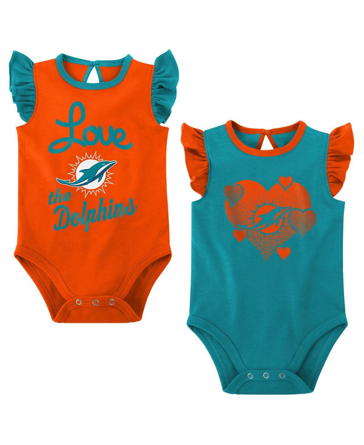 Outerstuff Baby Girls Aqua, Orange Miami Dolphins Spread The Love 2-pack Bodysuit Set In Aqua,orange