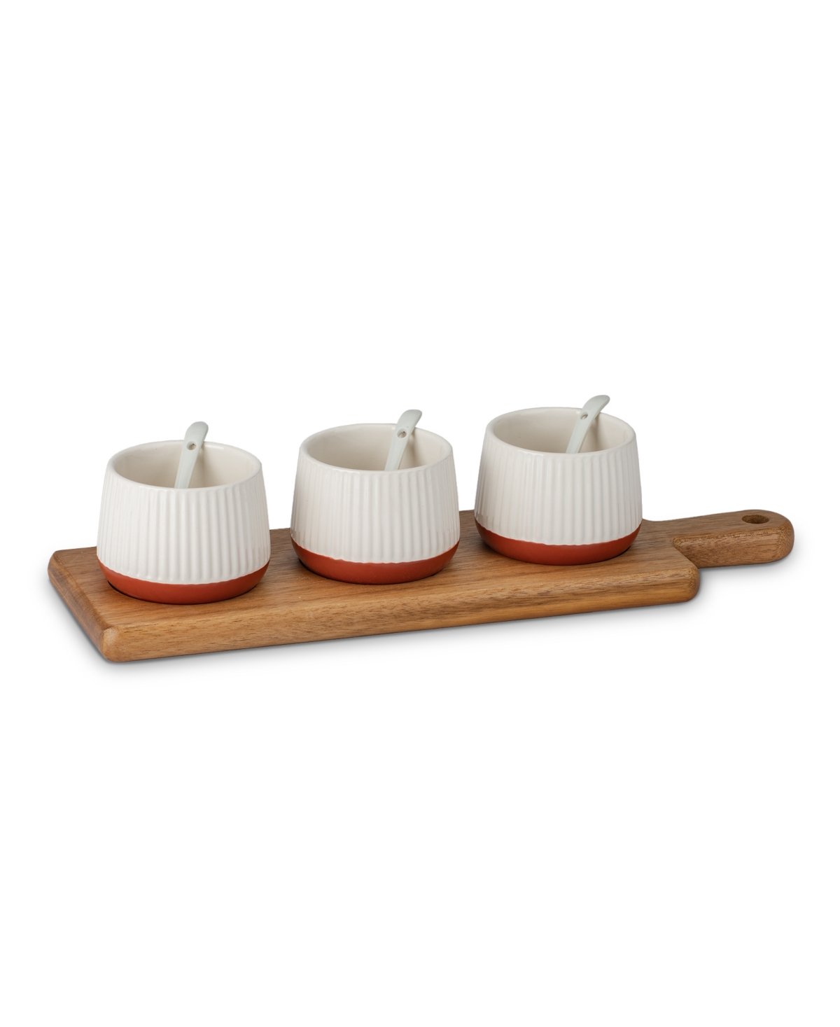 Thirstystone Condiment Bowl With Wooden Board, Set Of 3 In White,brown