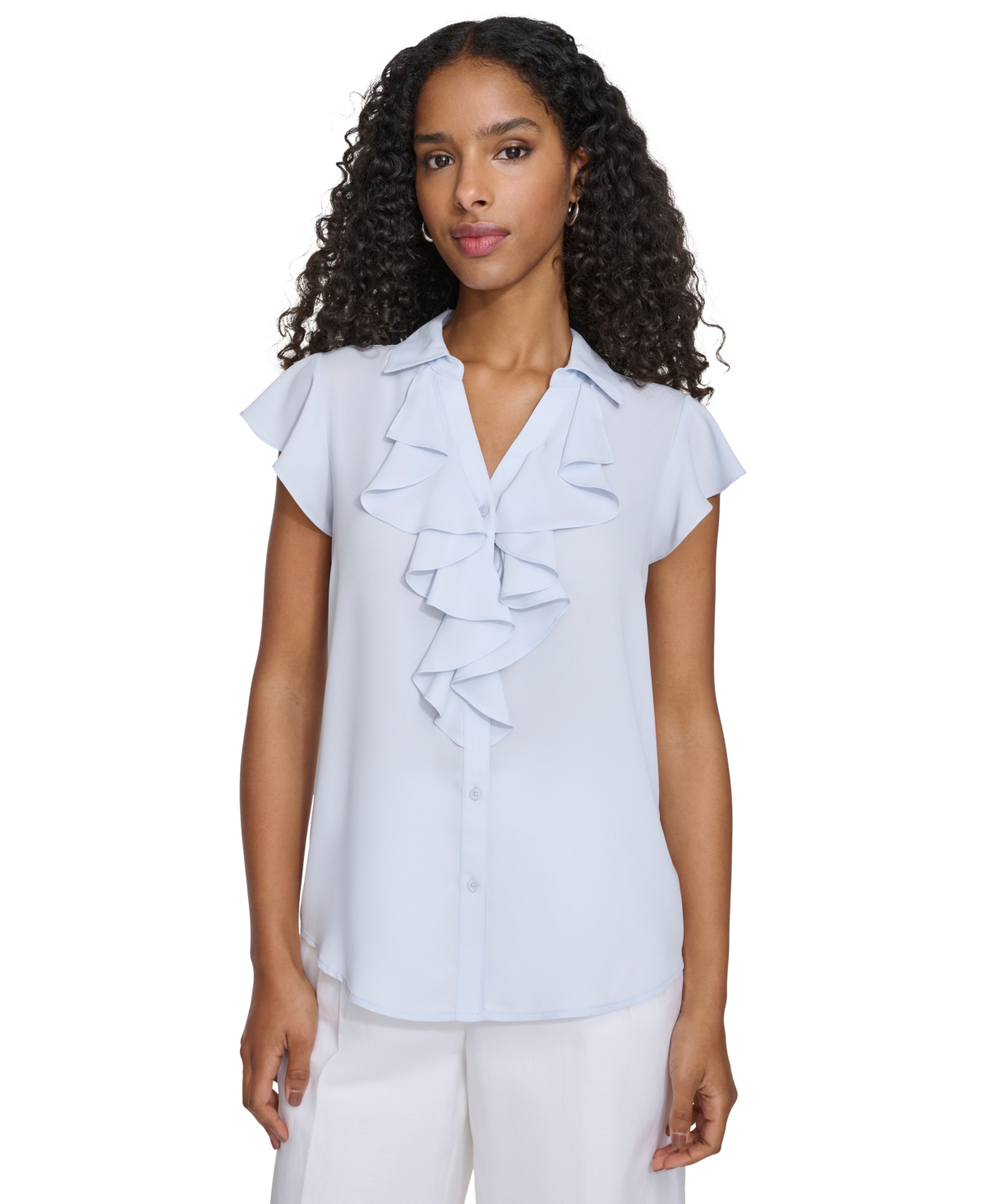Calvin Klein Women's Solid Ruffled-placket Button-down Blouse In Arctic Ice