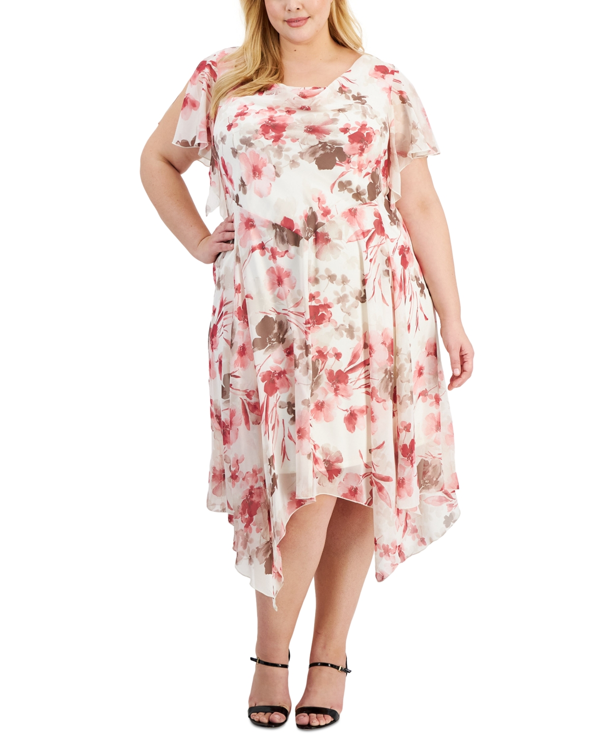 Shop Robbie Bee Plus Size Floral Flutter-sleeve Hankie-hem Dress In Cream,rose