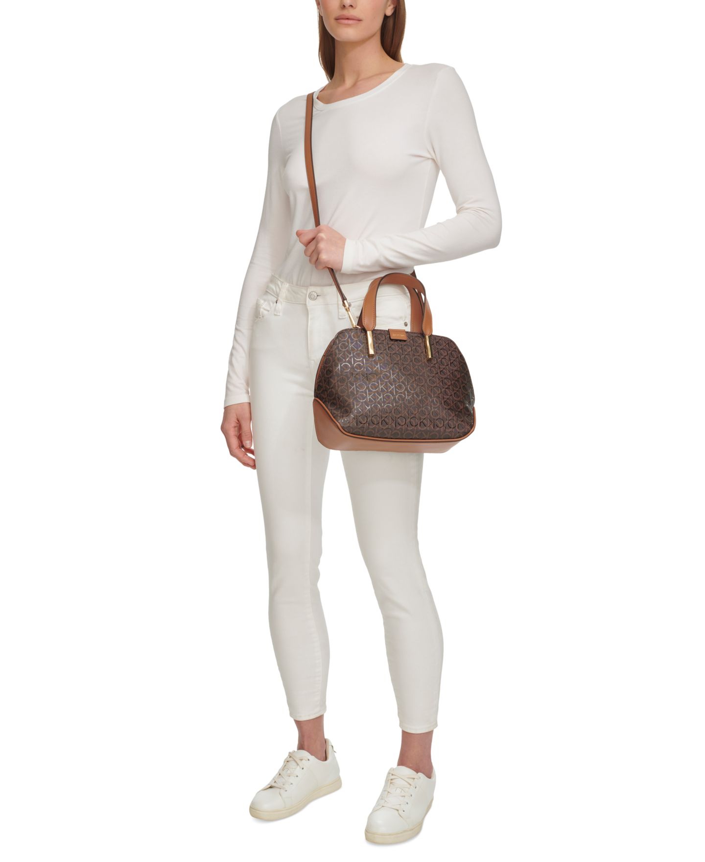 Женская сумка Calvin Klein Audrey Signature Convertible Satchel, цвет: Миндальный серо-коричневый / Карамельный — фото 7