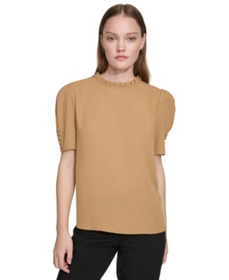 Pleated Mock Neck Tie Waist Puffed Sleeve Printed Blouse