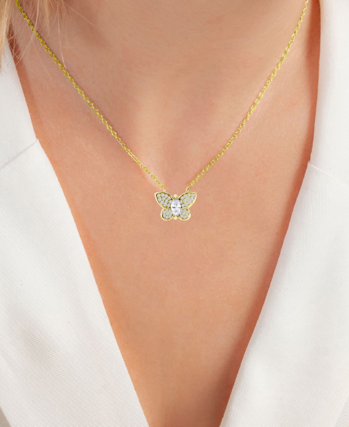 MACY'S CUBIC ZIRCONIA BUTTERFLY PENDANT NECKLACE IN 14K GOLD-PLATED STERLING SILVER, 16" + 2" EXTENDER 