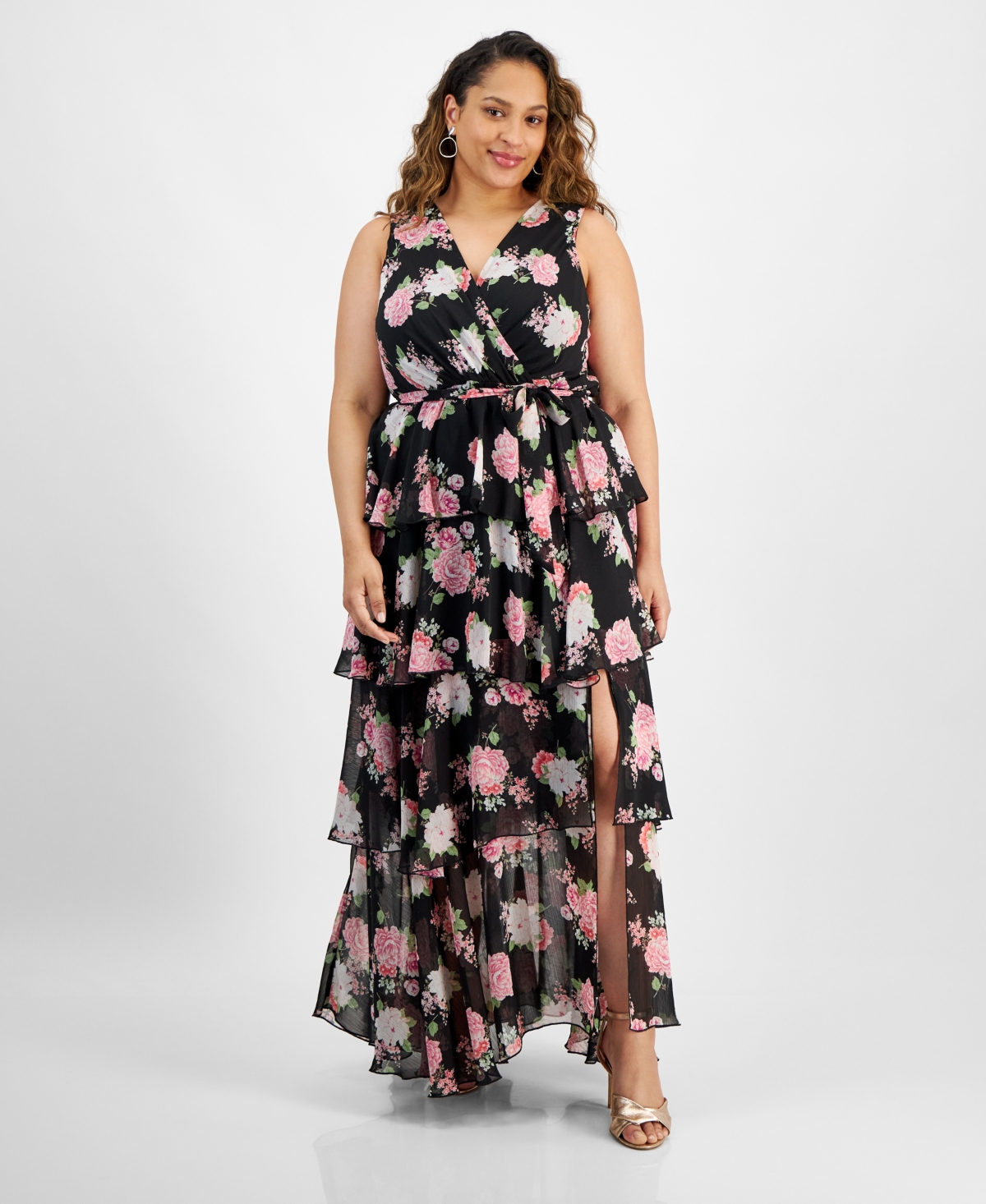 City Studios Trendy Plus Size Belted Tiered Maxi Dress In Black,pink