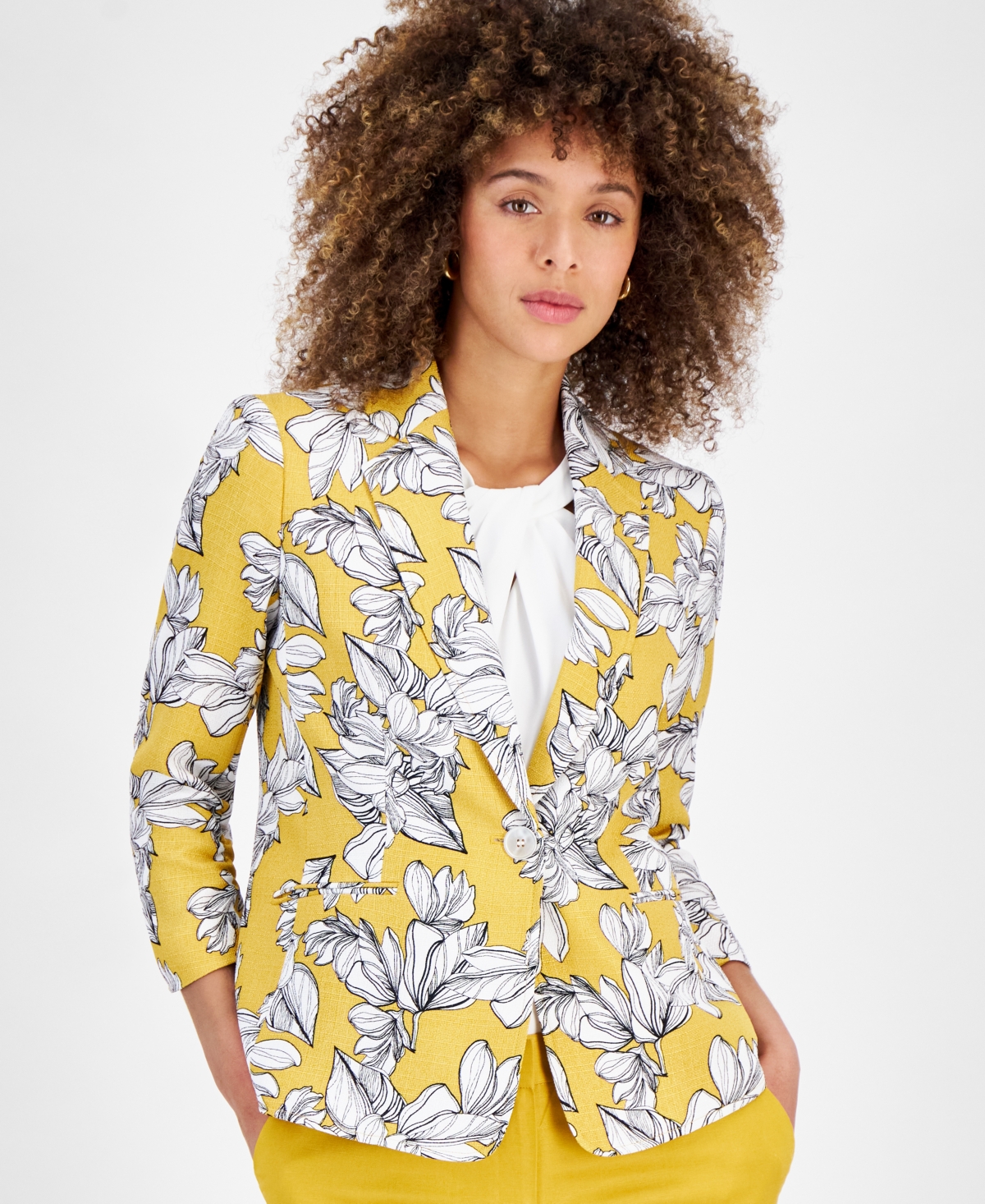 Shop Kasper Women's Floral-print 3/4-sleeve Textured Jacket In Butterscotch