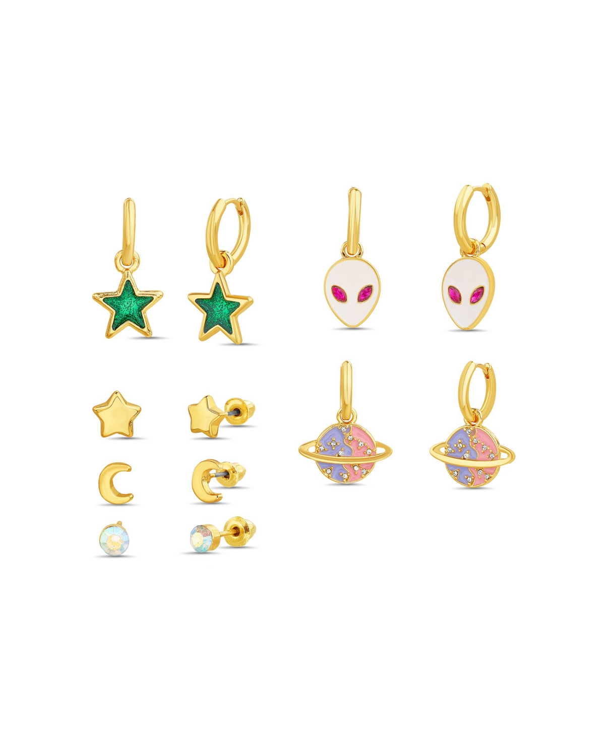 6 Piece Crescent Moon, Star, Alien and Planet Stud and Drop Earring Set - Multi