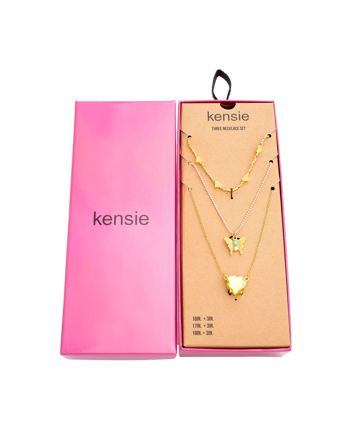Shop Kensie Gold-tone 3 Piece Layered Necklace Set With Heart And Butterfly Charm Pendants