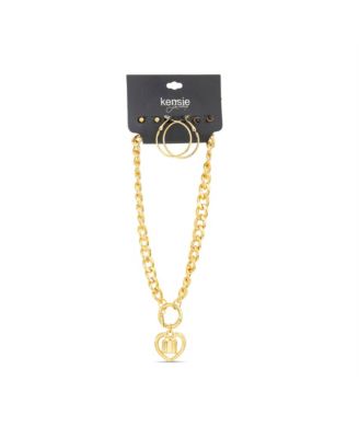 Heart and Locked Charm Necklace and 3 Pair of Earrings Set