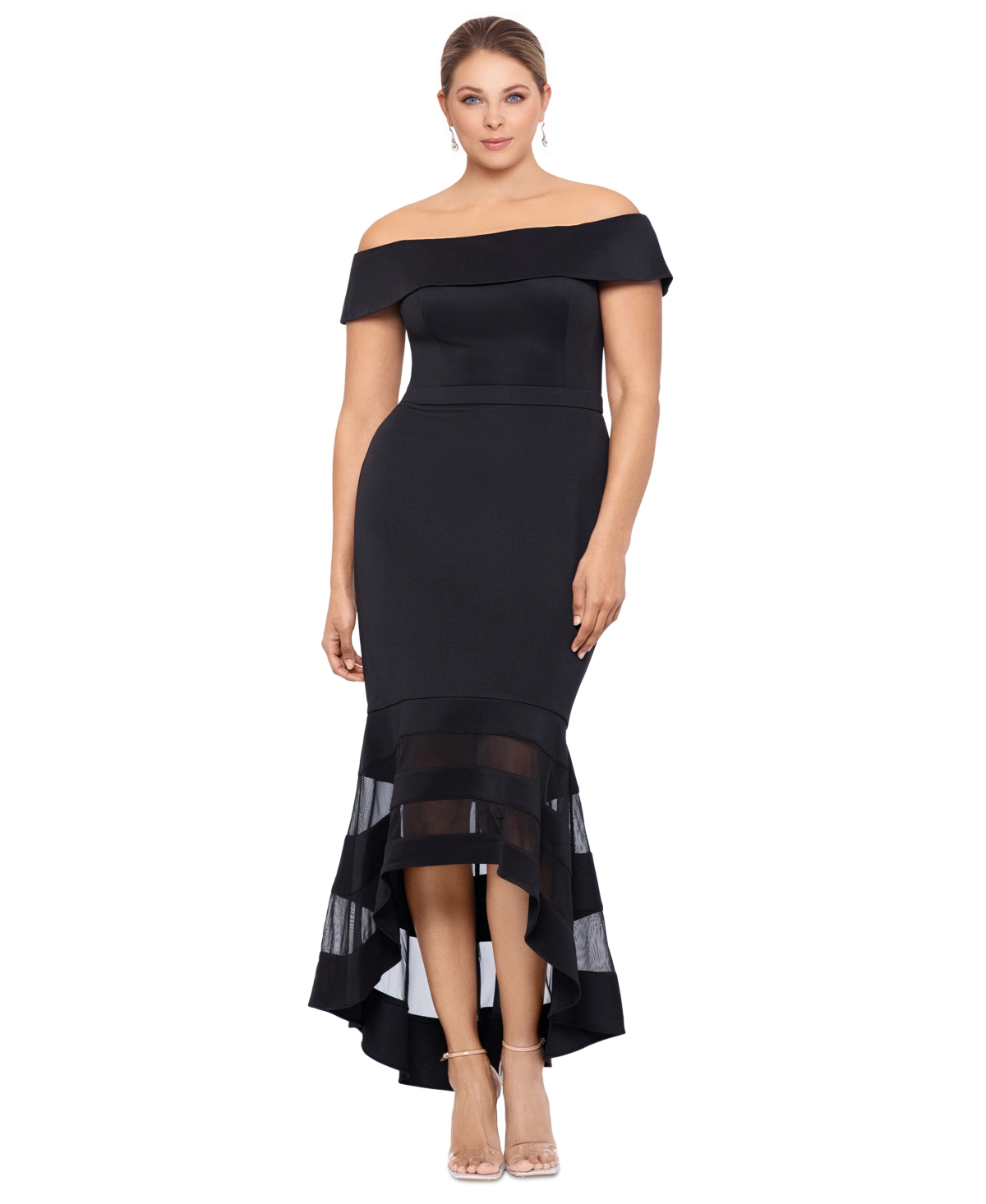 Xscape Plus Size High-low Off-the-shoulder Midi Dress In Black