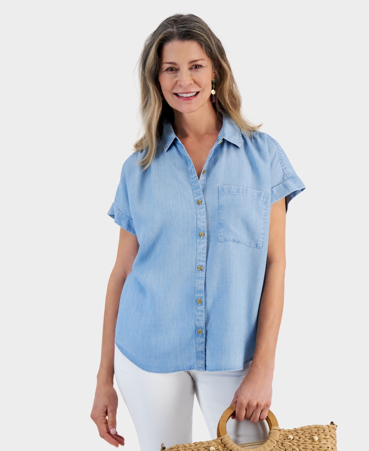 Women's Chambray Short-Sleeve Button-Down Shirt, Created for Macy's - Emma Wash
