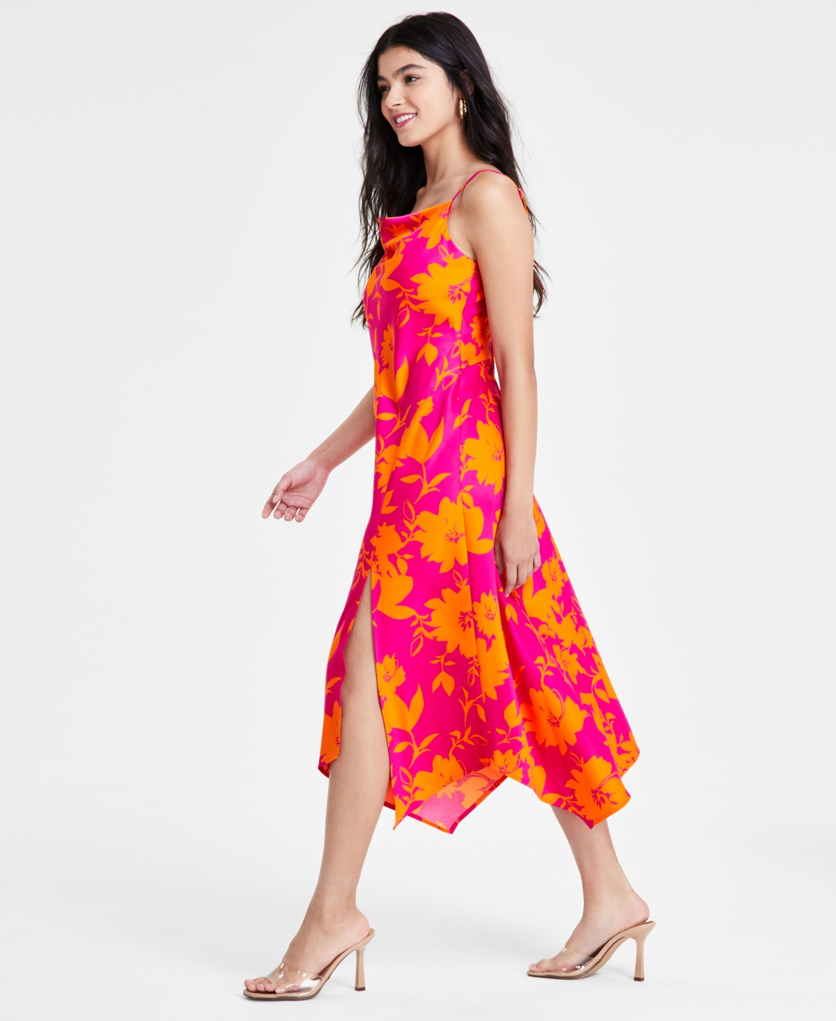 Shop Bar Iii Women's Printed Cowl Neck Asymmetrical-hem Dress, Created For Macy's In Sunst Rose