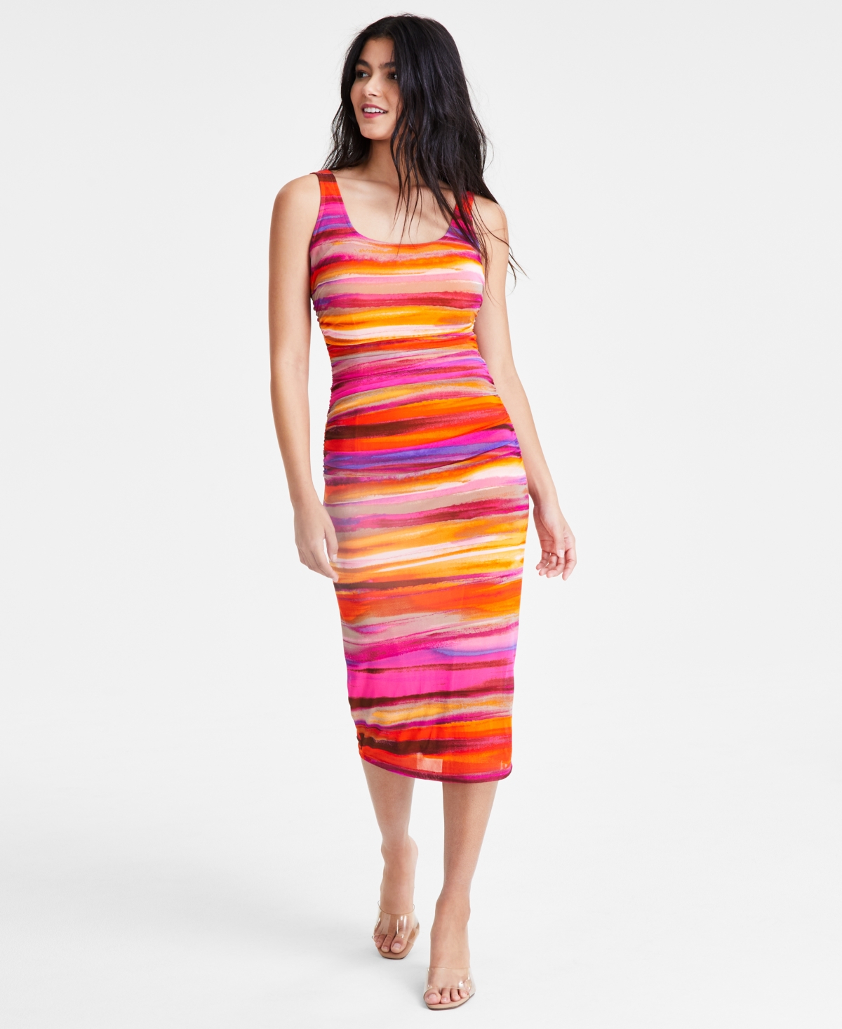 Women's Sleeveless Printed Mesh Midi Dress, Created for Macy's - Tangerine